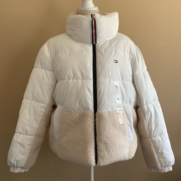 Color block Mixed Media Puffer Jacket Coat - Picture 11 of 11